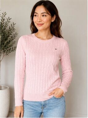 Tommy Hilfiger Women’s Pink Cable Knit Sweater Medium Cotton Crewneck